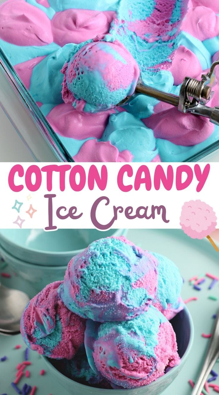 An ice cream scoop scooping colorful cotton candy ice cream from a glass dish.