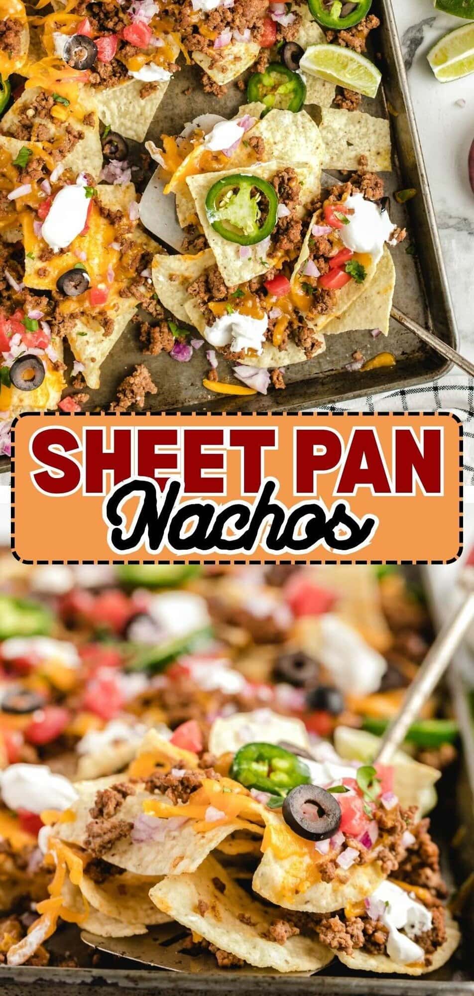A stainless steel spoon digging into Sheet Pan Nachos.