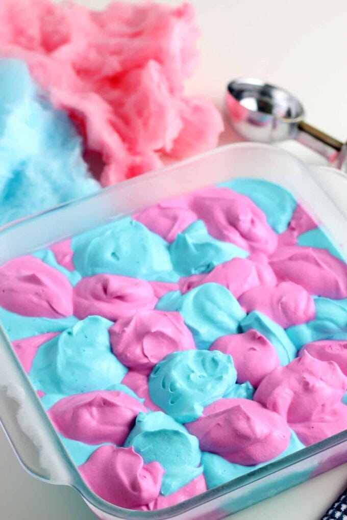 pink and blue scoops in a glass dish