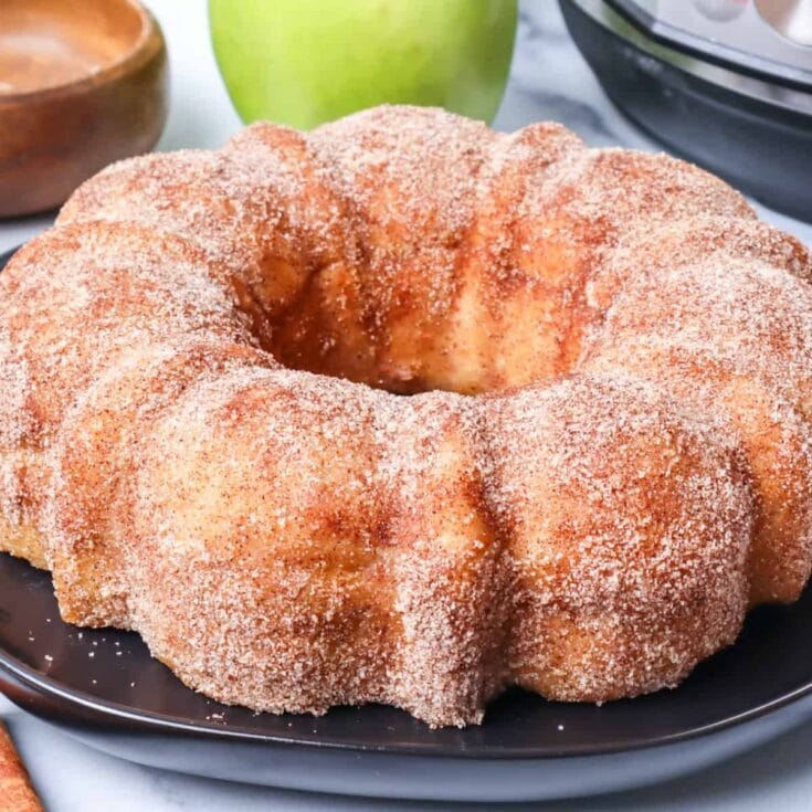 Apple Cider Doughnut Cake on a black plate.