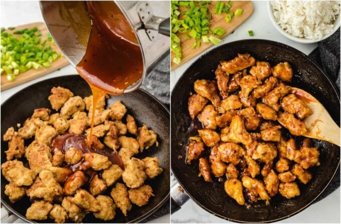 pouring sauce over chicken in a black pan
