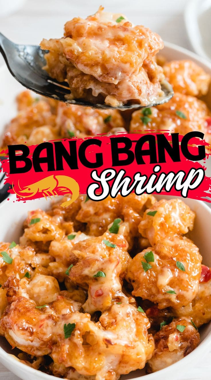 Close up of a piece of creamy Bang Bang Shrimp on a spoon.
