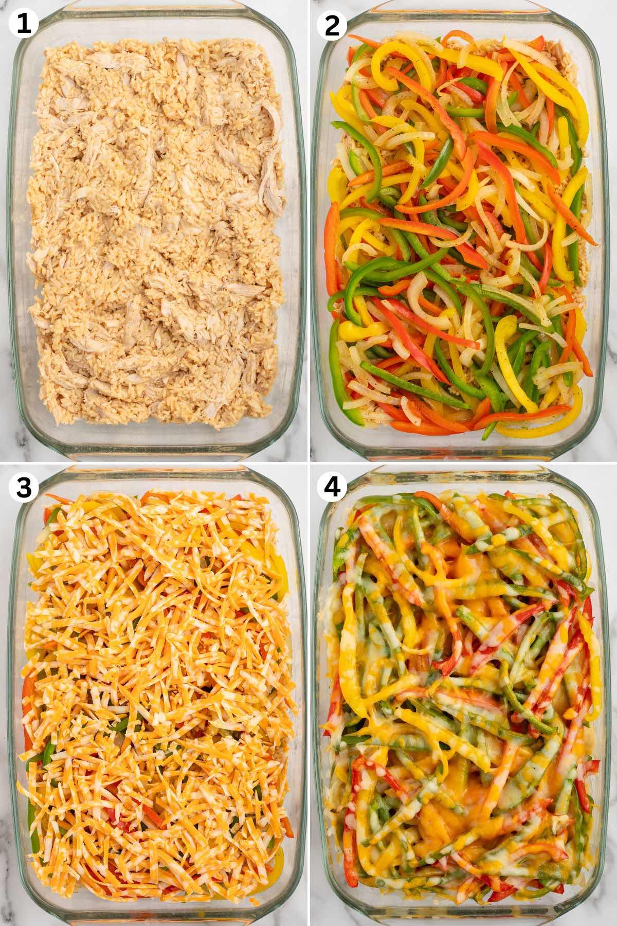 Shredded chicken and rice mixture in a baking dish, topped with sautéed bell peppers and onions, covered with shredded cheese, then baked until melted and golden.