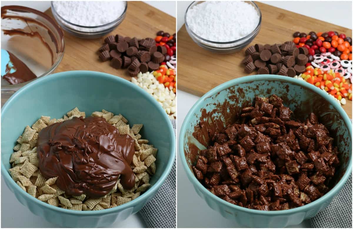 2 bowls with chocolate and chex mix