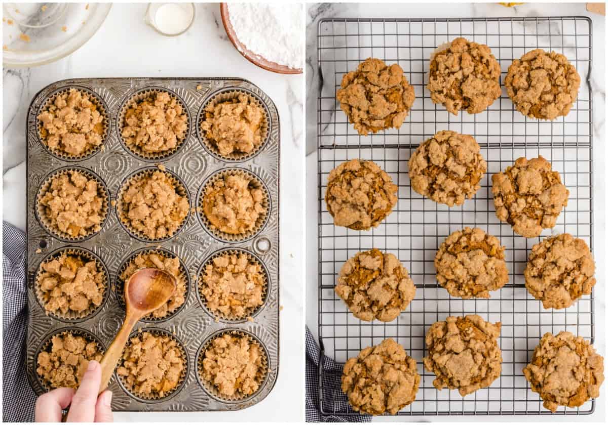 muffins in muffin tin with streusel topping