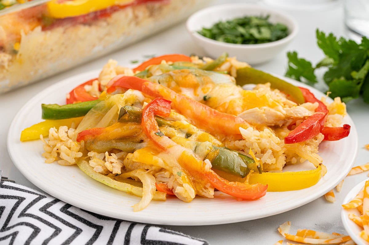 chickan fajita casserole served on a plate. 