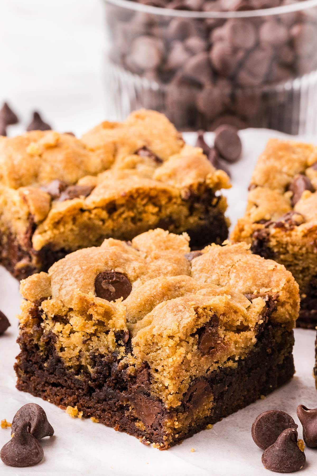 a slice of brookies with chocolate chips.