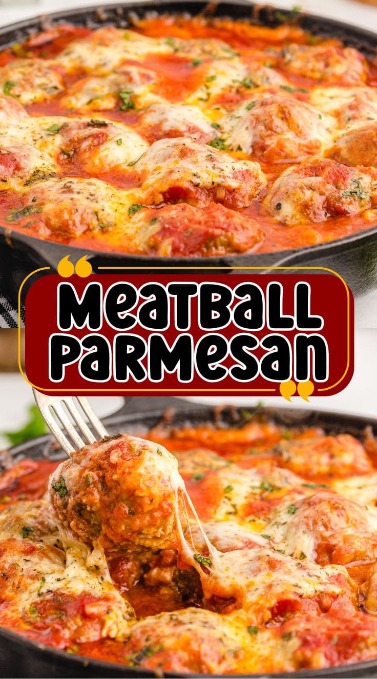 Creamy and cheesy Meatball Parmesan in a skillet