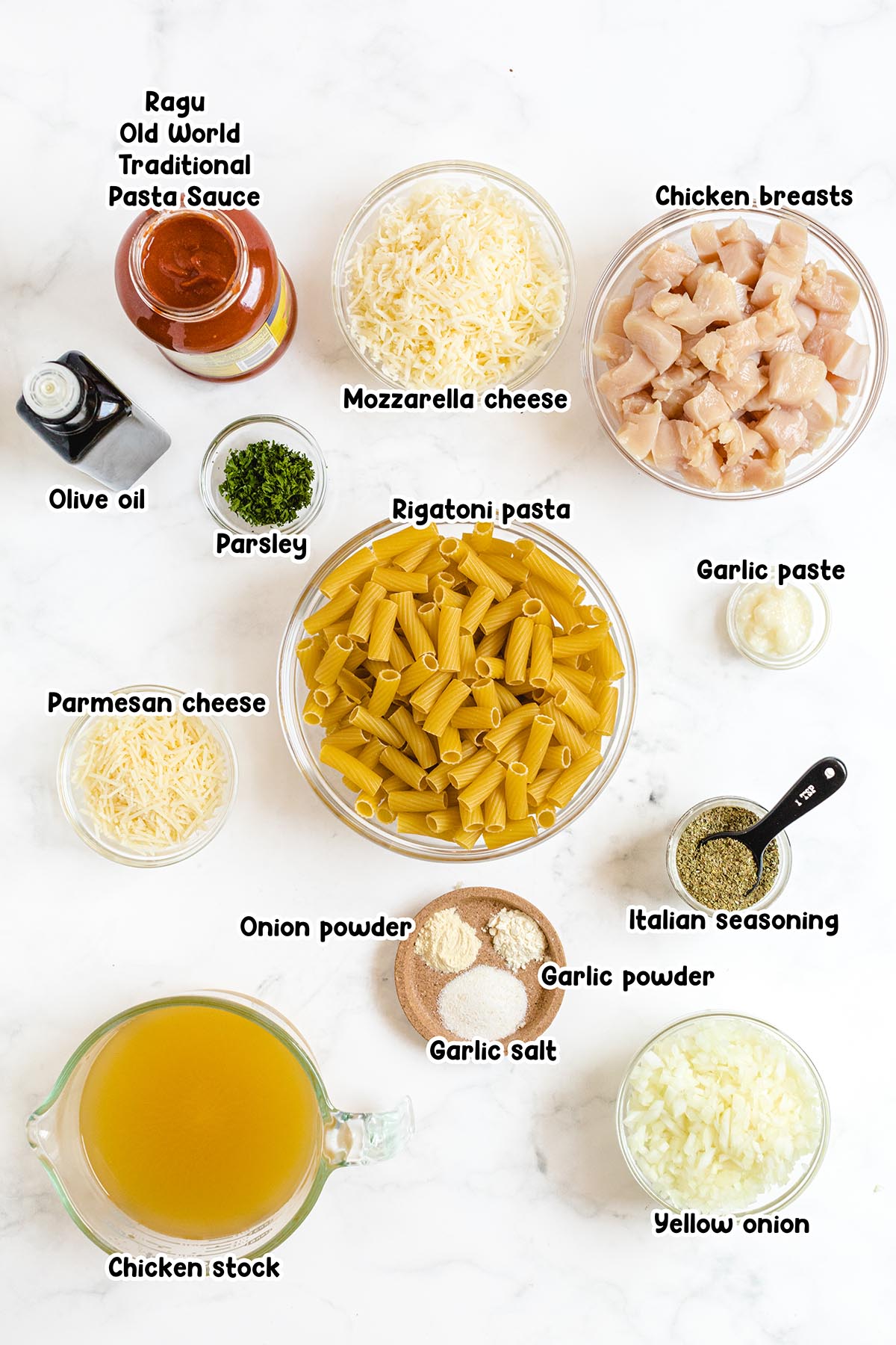 one pot chicken parmesan pasta ingredients. 