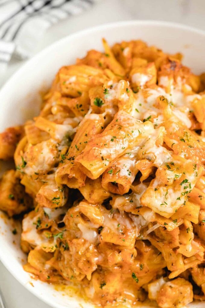 One pot Chicken Parmesan Pasta plated