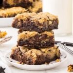 Stack of brookies showcasing the layers of brownie and chocolate chip cookie dough.