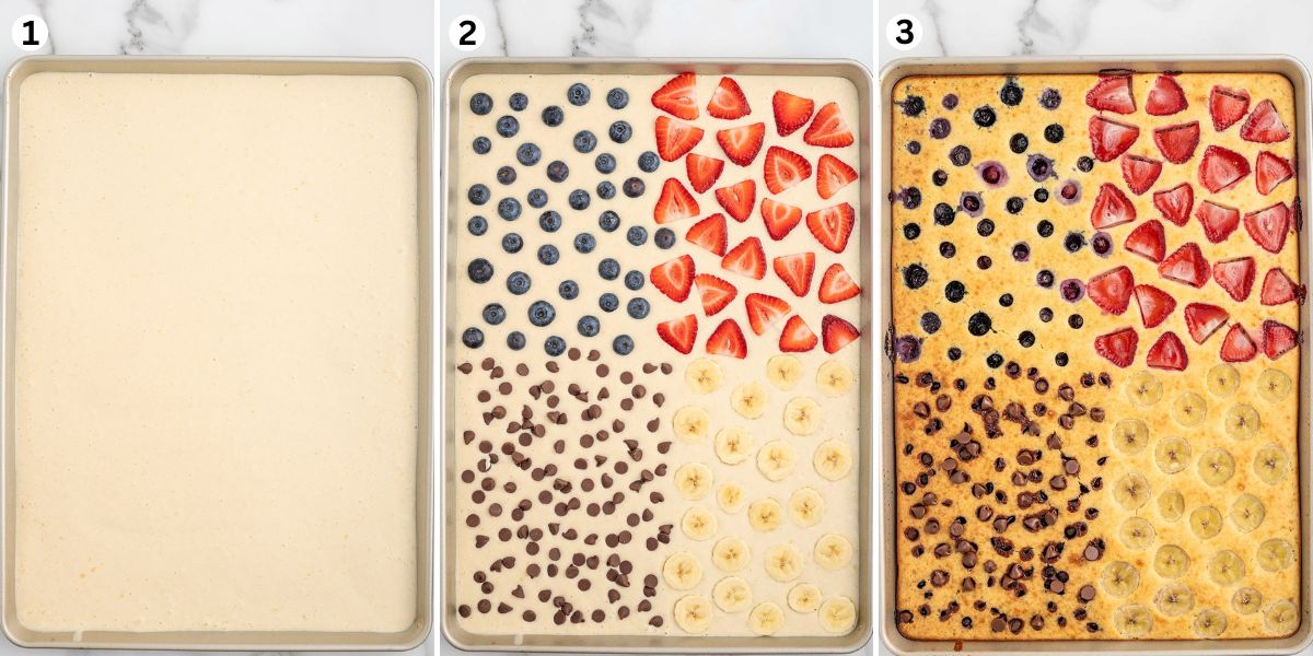 pour pancake batter in a sheet pan. top with 4 different fruits. bake. 