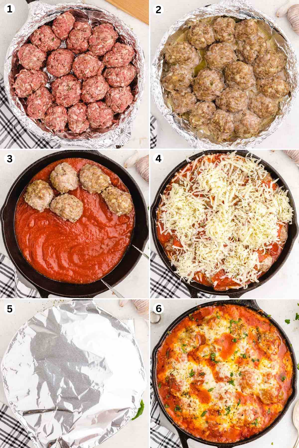 cook the meatball in the skillet. pour the pasta sauce on the bottom of the skillet, then add the meatballs back in. Cover the with remaining sauce and mozzarella cheese. cover with foil and bake.