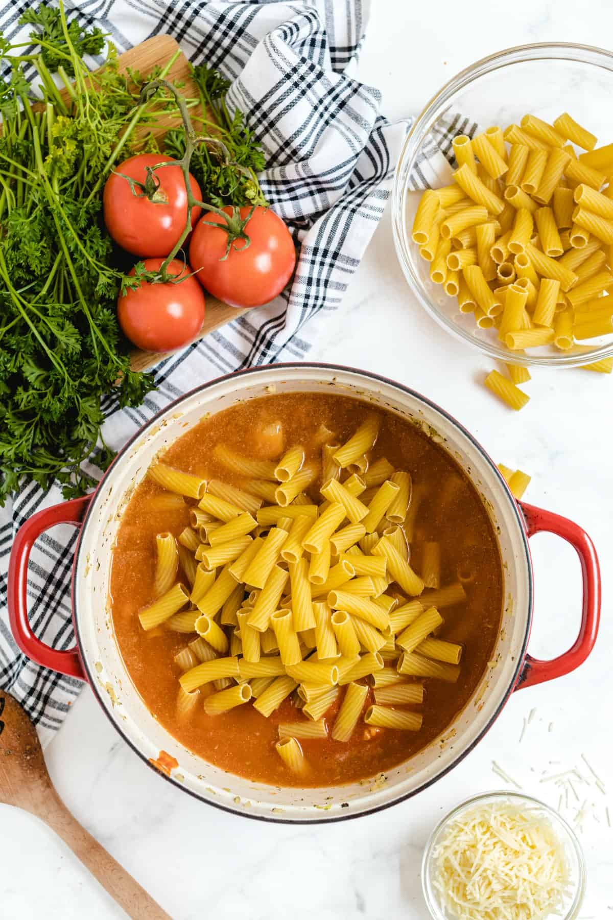 pasta and sauce in a dutch oven
