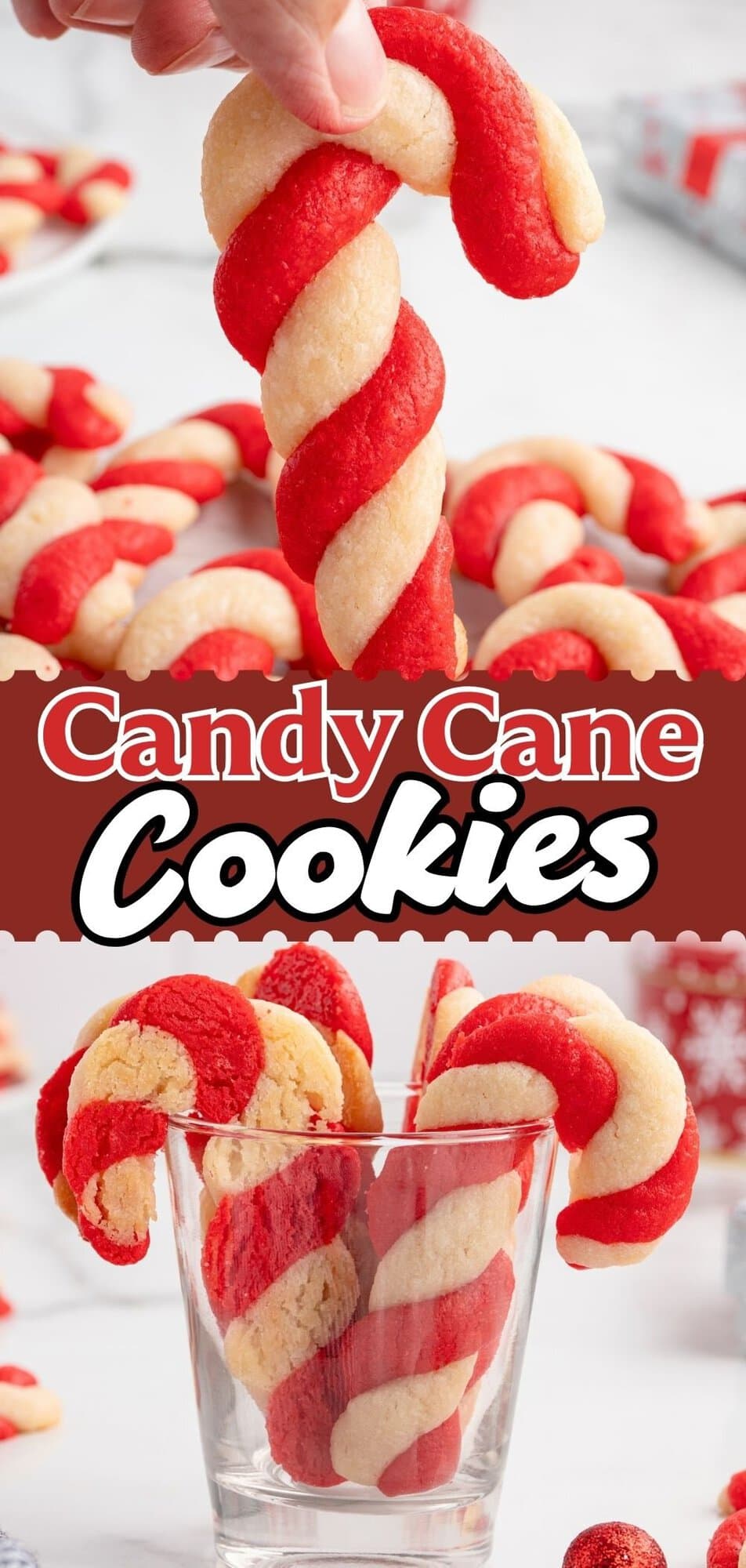 Pinterest graphic for candy cane cookies, showing a cookie held upright above and cookies in a glass below.