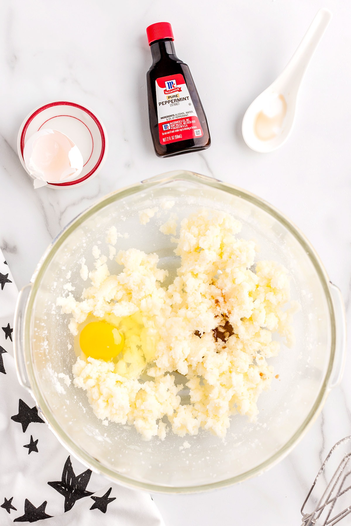 Beat together butter, sugar, egg, vanilla, and peppermint extract.