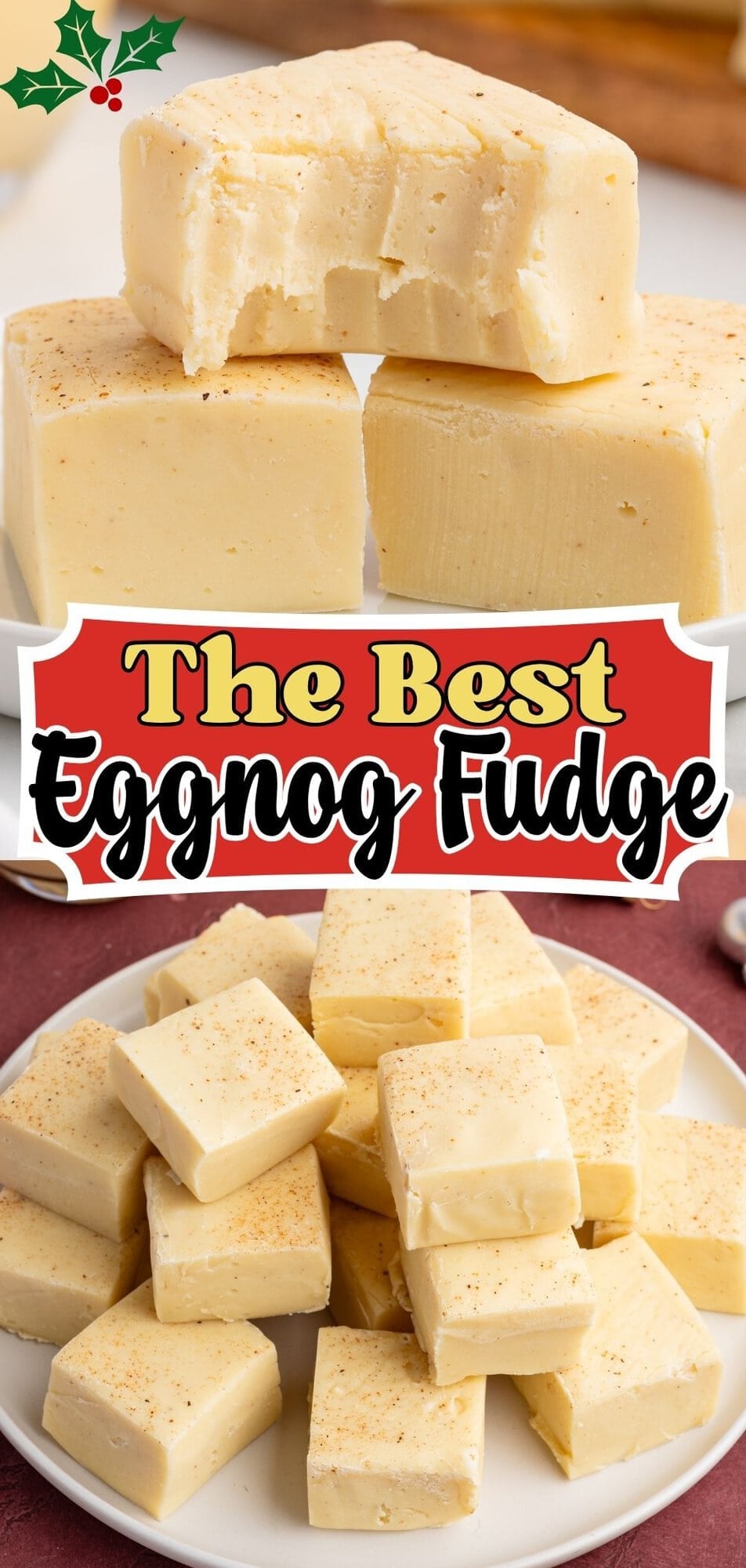 Stacked squares of eggnog fudge with a bite taken out, above a plate of the squares.