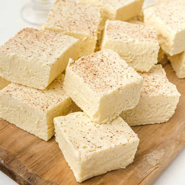 Eggnog Fudge on a cutting board
