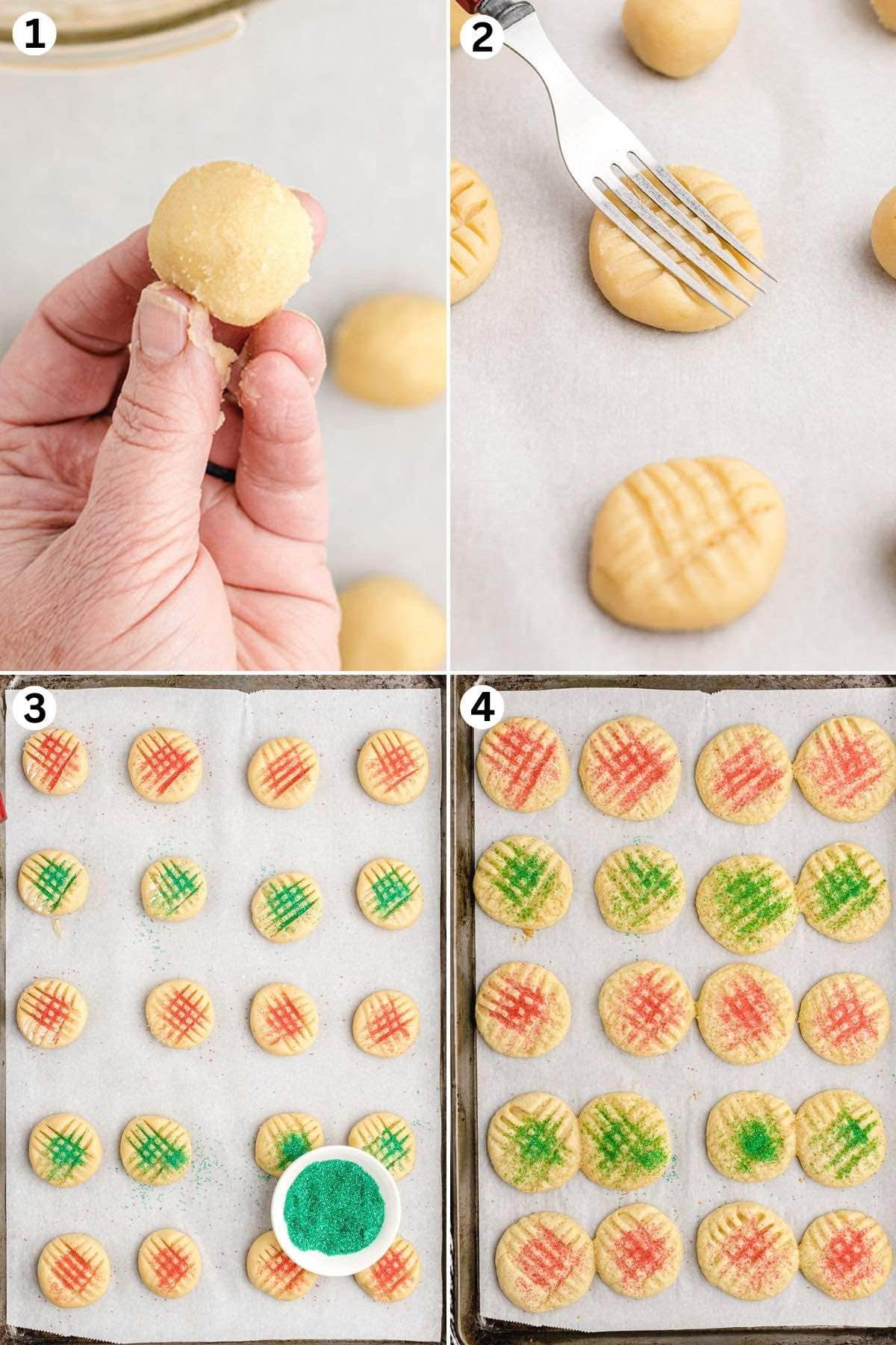 Scoop dough balls onto the cookie sheet, 1 inch apart, and then use a fork to make a criss cross pattern on top. Sprinkle with colored sugar. Bake. 