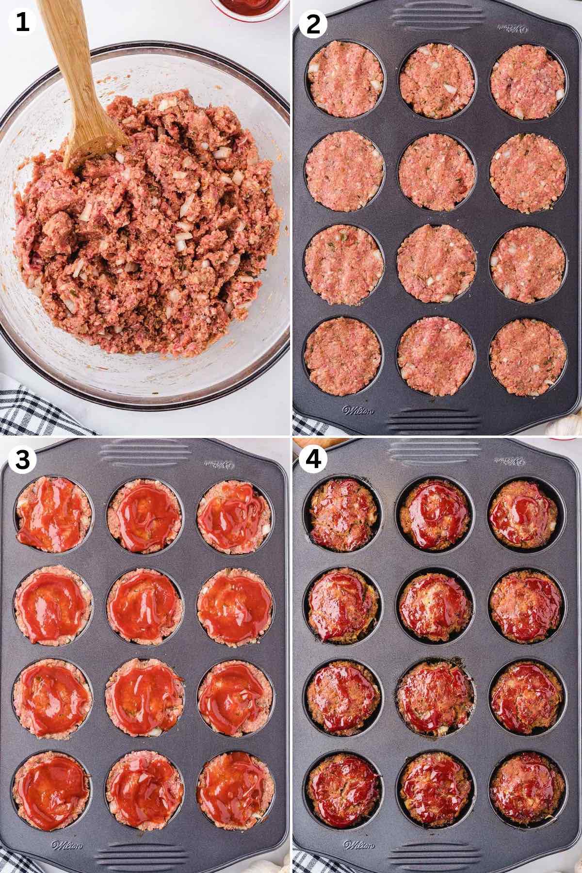 mix ingredients in a bowl. add into muffin pan. top with sauce and bake. 