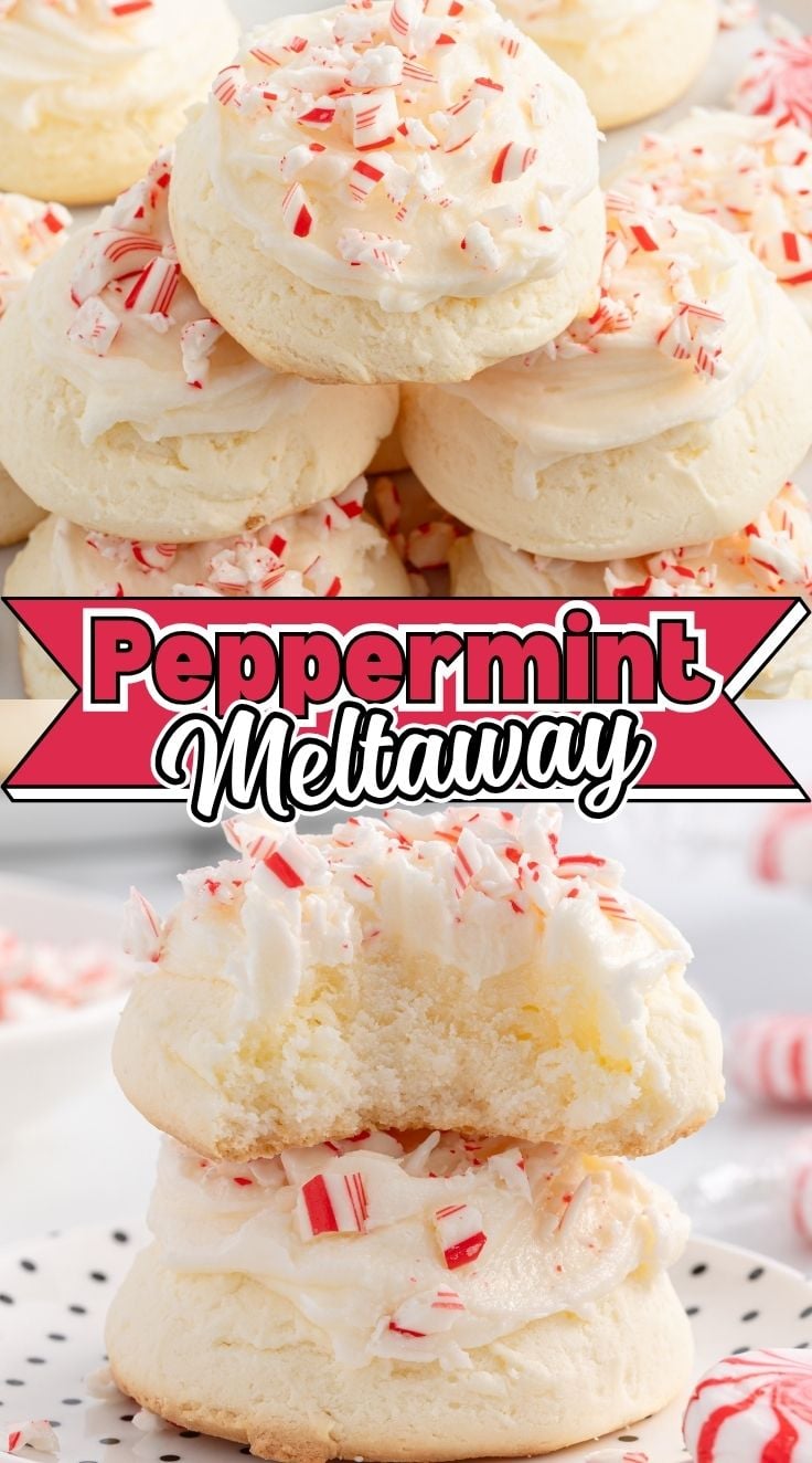 Stack of peppermint meltaway cookies topped with crushed candies and frosting