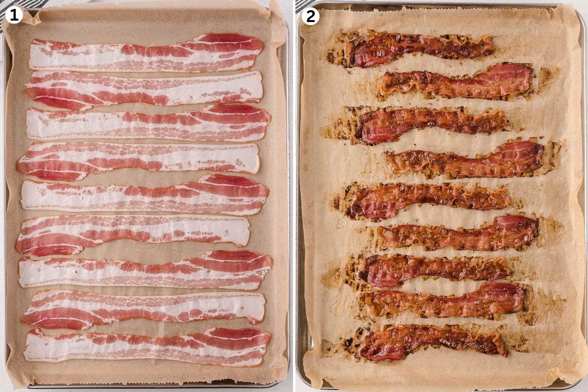 Raw bacon arranged in a single layer on a parchment-lined baking sheet, followed by cooked, crispy bacon on the same sheet.