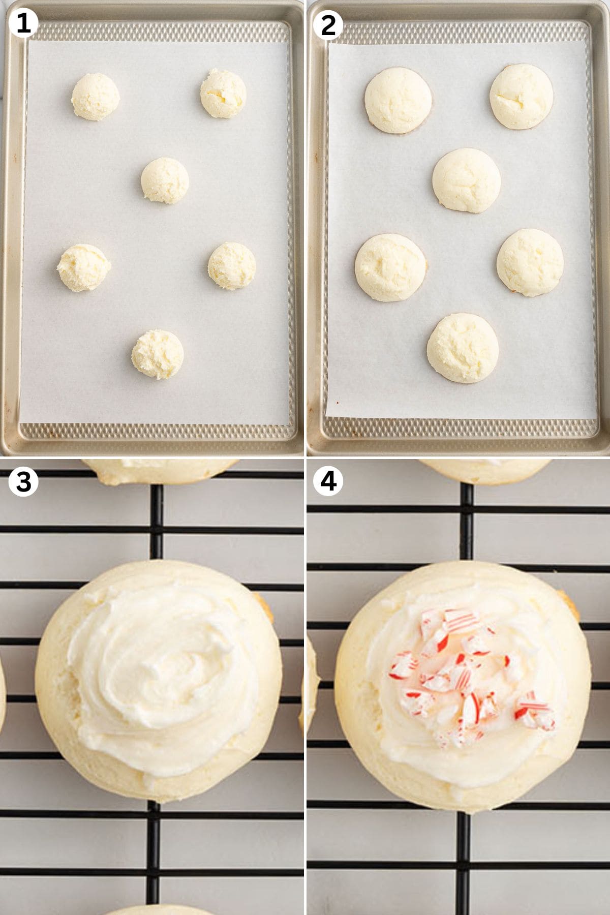 make the butter and scoop into cookie sheet. bake. add frosting on top and sprinkle the crushed peppermint candy.