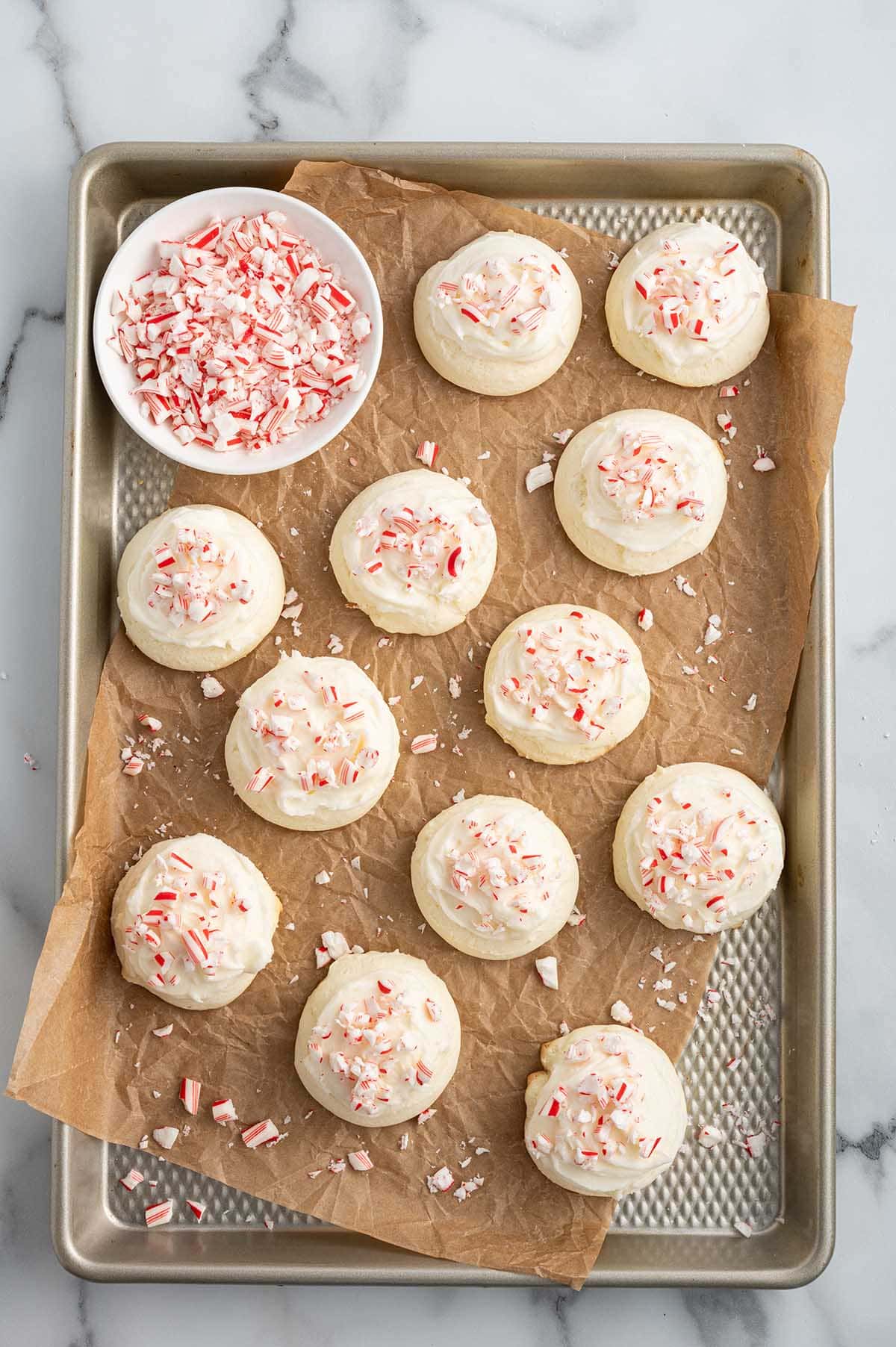 peppermint cookies on top of baking sheet. 