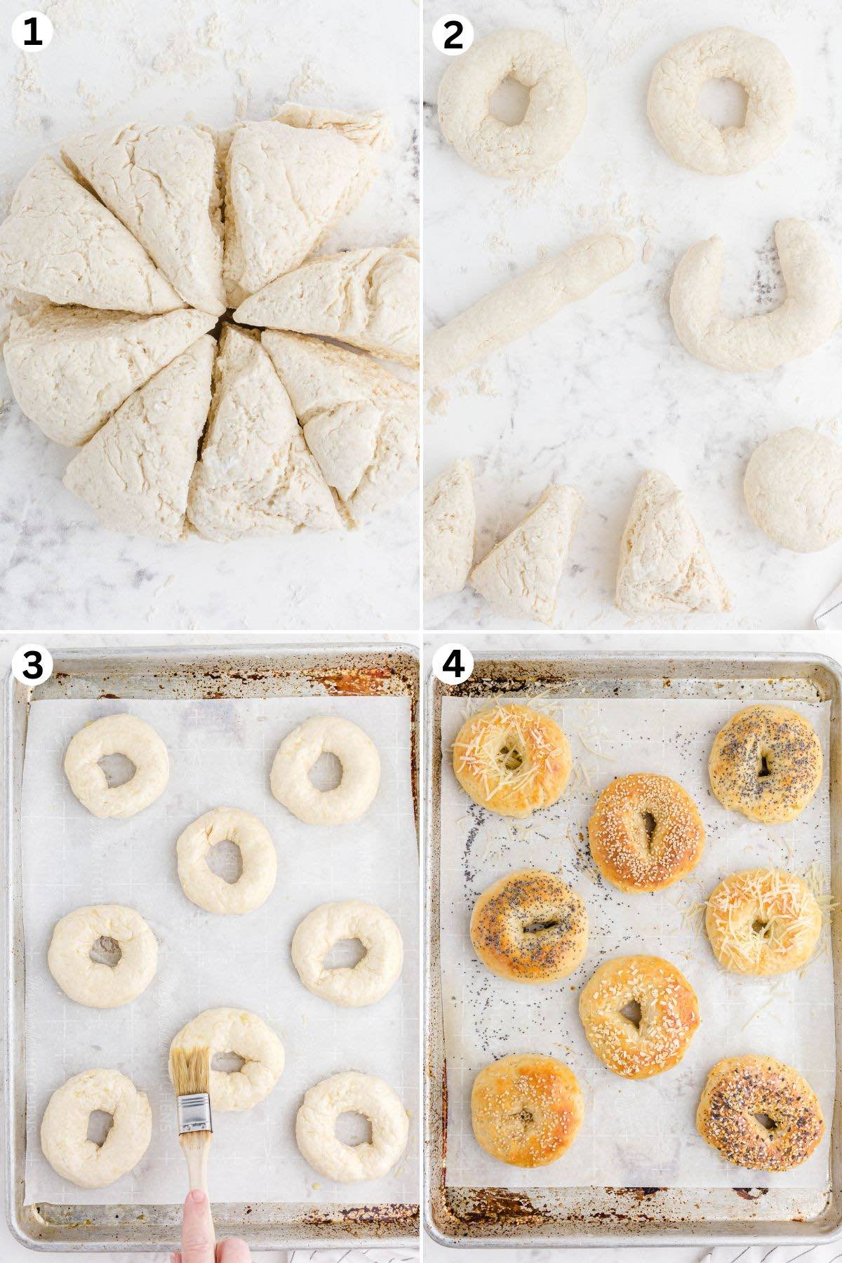 Shaping dough into rounds, brushing with egg wash, and baking to golden perfection with various toppings like sesame seeds and parmesan cheese.