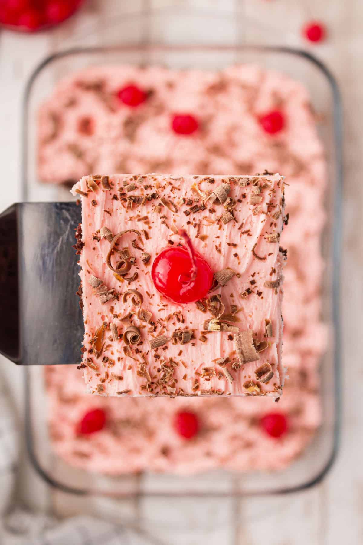 Cherry Dr Pepper Cake one piece on spatula