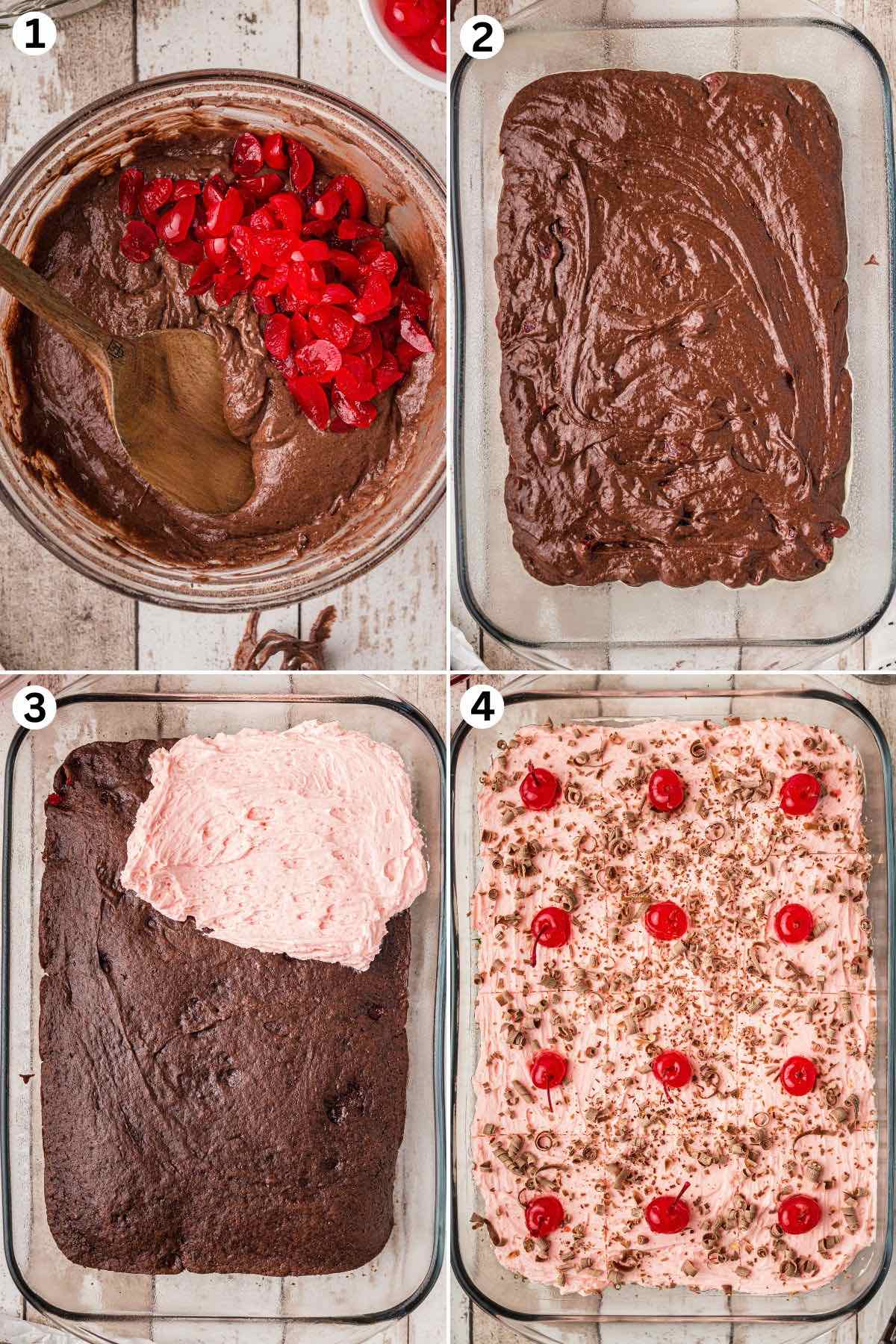 mix cherry into the batter and pour into the pan. bake. top with frosting and sprinkle shaved chocolate. 