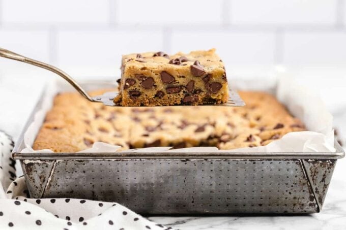 Chocolate Chip Cookie Bars on a spatula