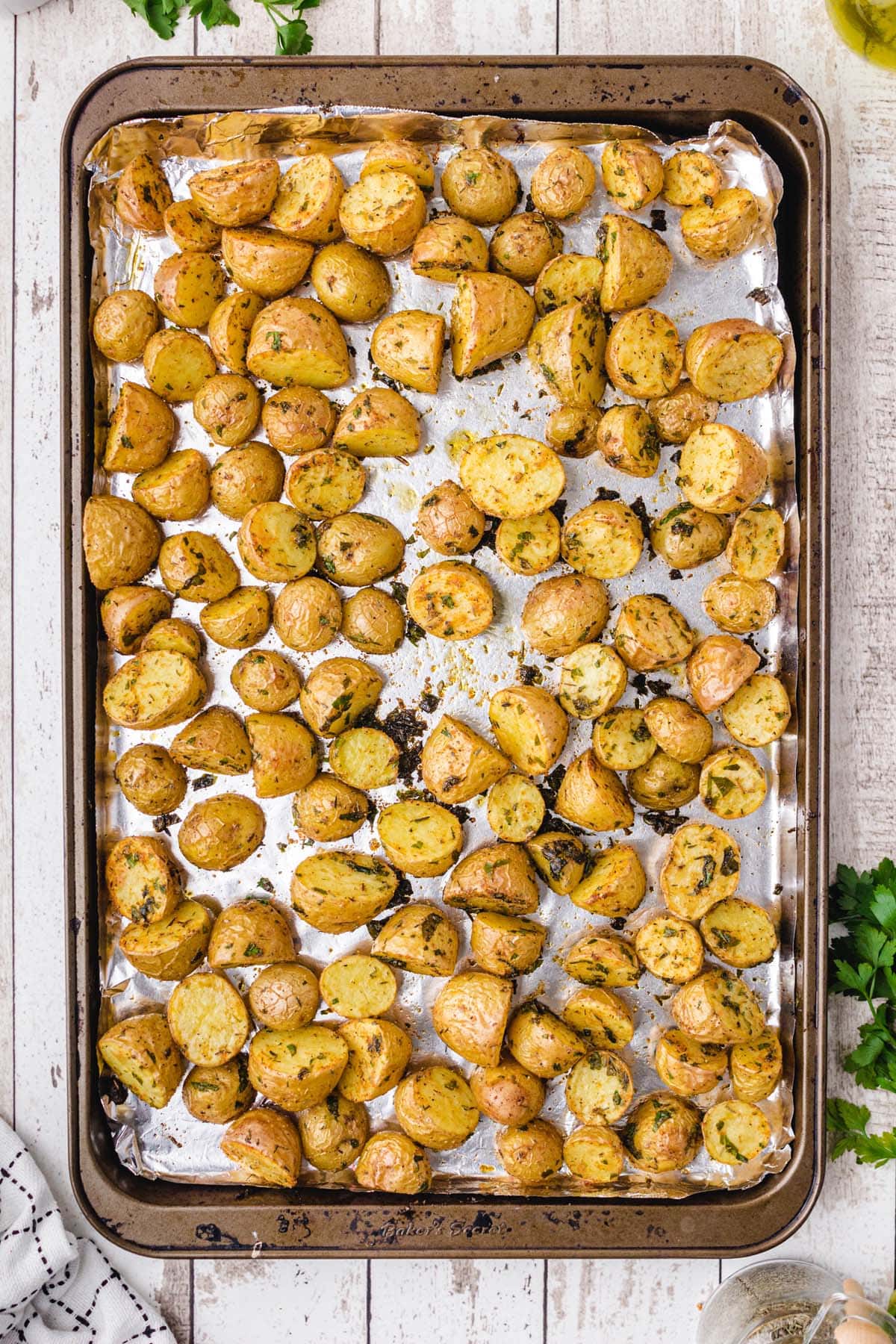 oven roasted potatoes in baking sheet