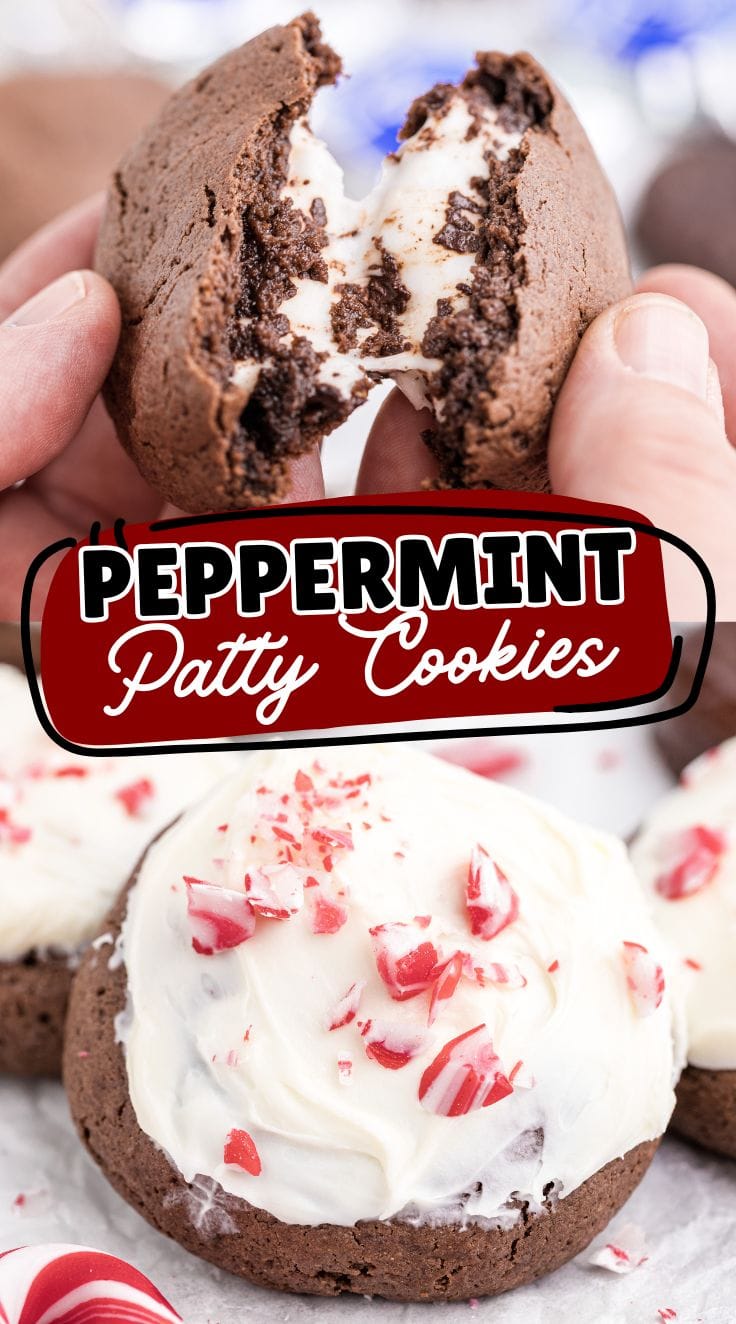 A pair of hands splitting Peppermint Patty Cookies into two pieces