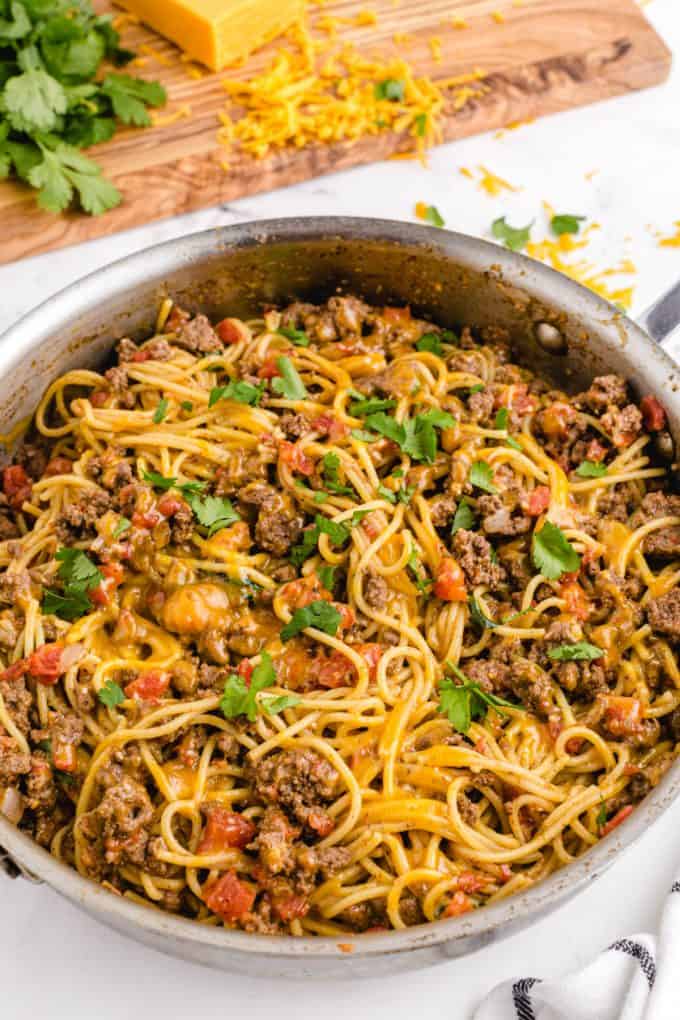 Taco Spaghetti in a pan