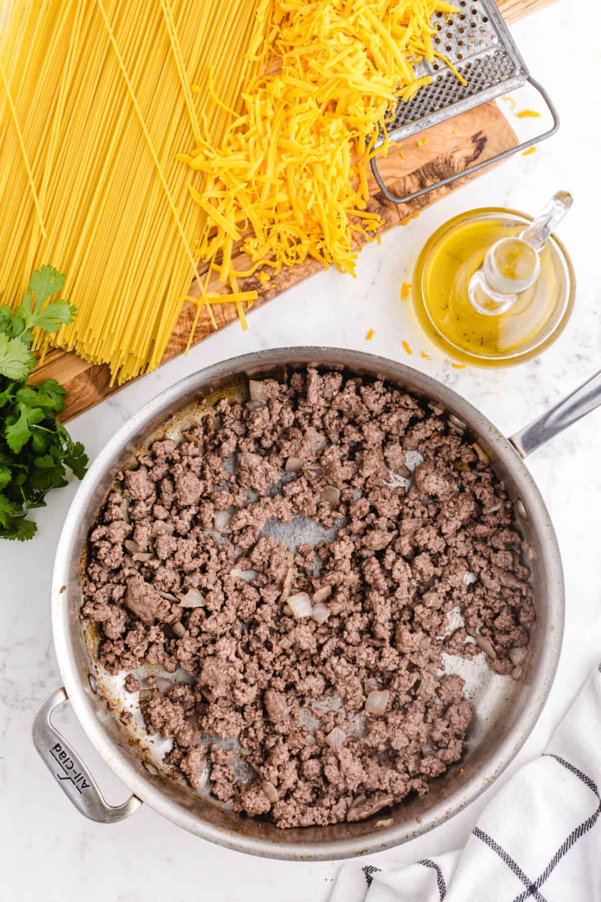 Taco Spaghetti ground beef in a pan