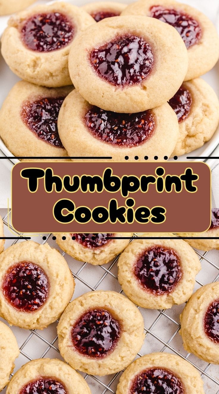A plate of buttery thumbprint cookies filled with jam - golden, tender, and perfect for holiday baking or gifting.