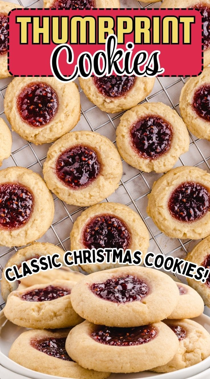 Buttery thumbprint cookies filled with jam on a cooling rack