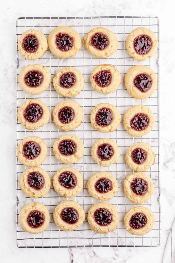 Thumbprint Cookies on a wire rack