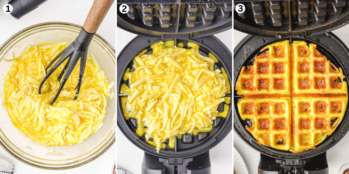 Mix together the eggs and mozzarella in a bowl with a fork or a whisk. Pour the batter into waffle maker and cook until golden brown.