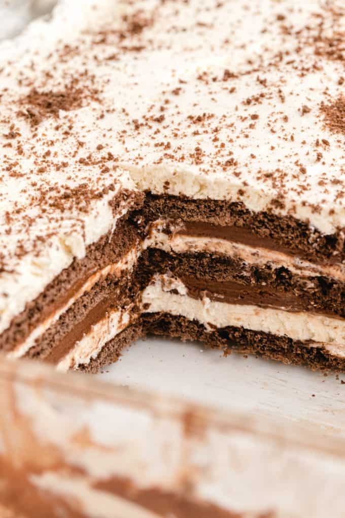 layers of icebox cake in a pan