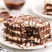 chocolate icebox cake with chocolate drizzle