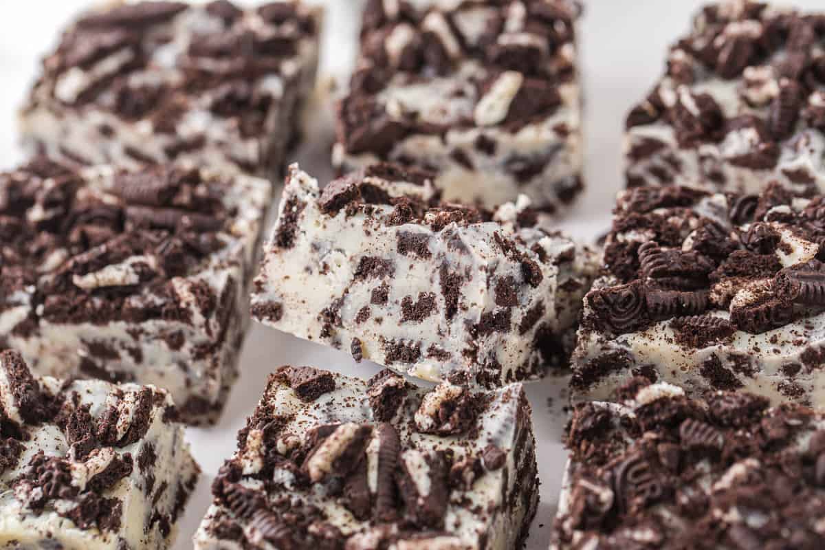 oreo fudge on top of white table.