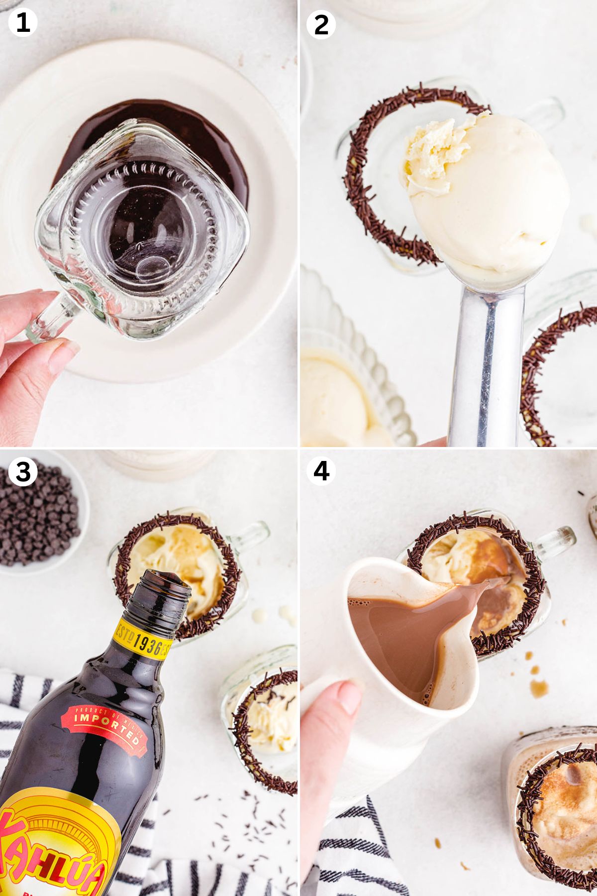 dip the glass rim into chocolate syrup. add a scoop of ice cream into the glass. pour kahlua and hot chocolate into the glass. 