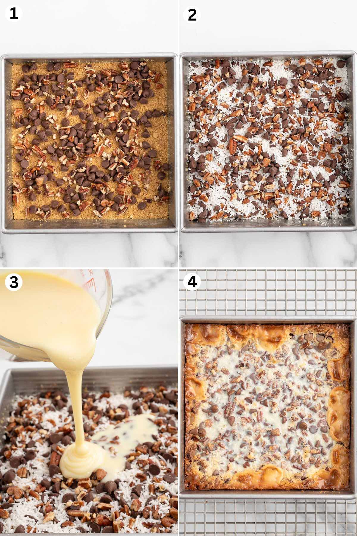 Press the mixture into the bottom of the baking dish. Sprinkle the chocolate chips, coconut, and pecans over the crust. Pour the sweetened condensed milk over the top of the layers.