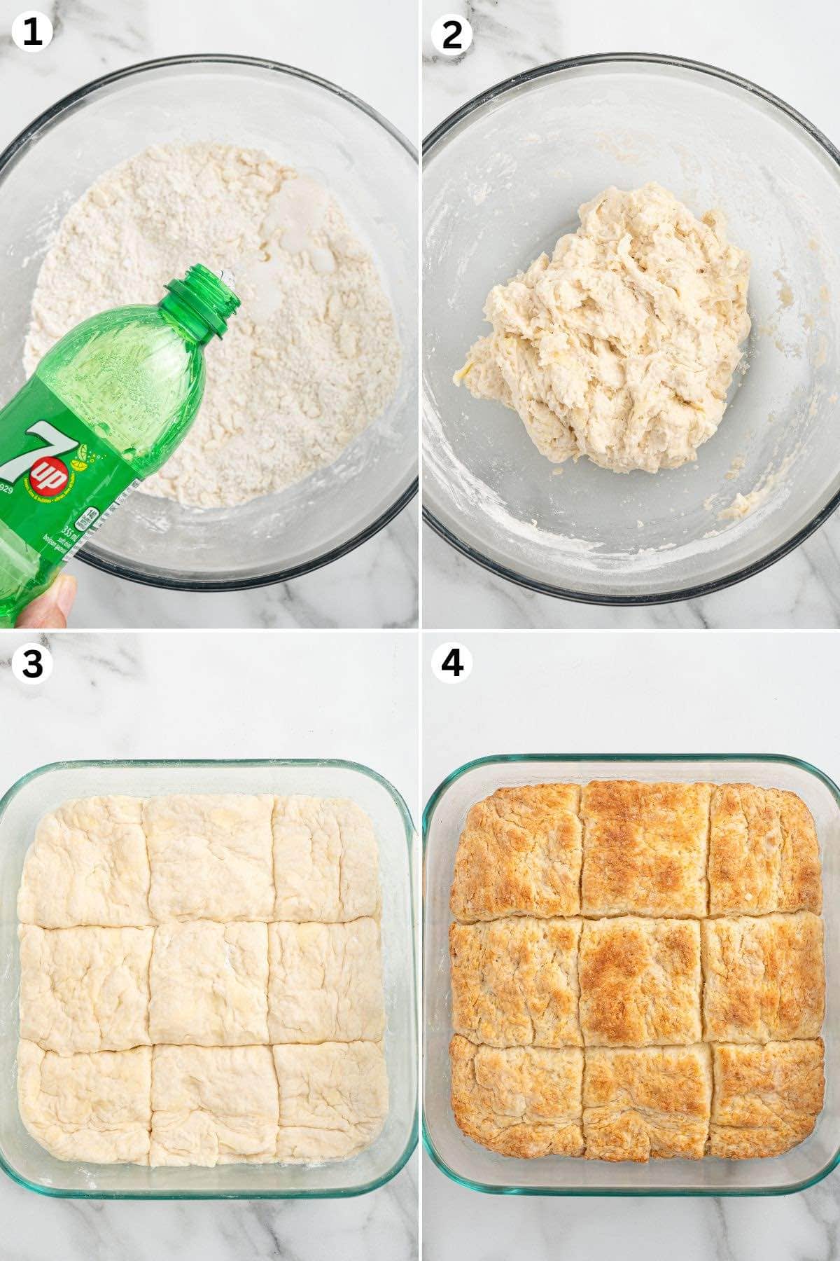 Flour and baking mix in a bowl with 7-Up being poured in; mixed dough formed into a ball; dough squares placed into a glass baking dish; baked golden brown biscuits in the dish.