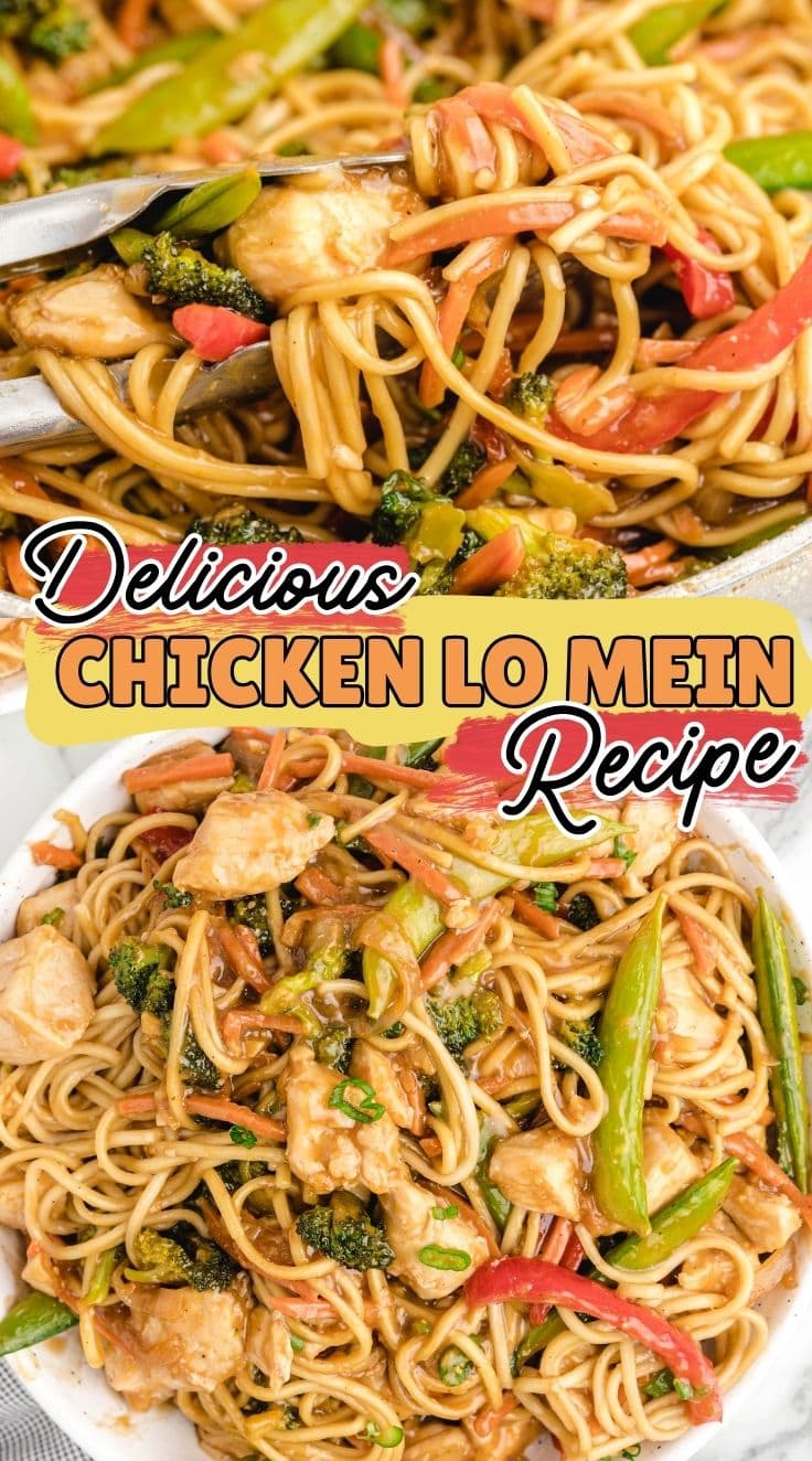A tong grabbing parts of Chicken Lo Mein.