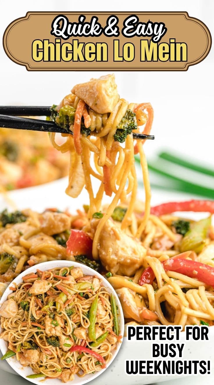 A chopstick digging into Chicken Lo Mein on a plate.