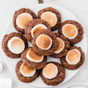 Hot Chocolate Cookies stacked on a white plate