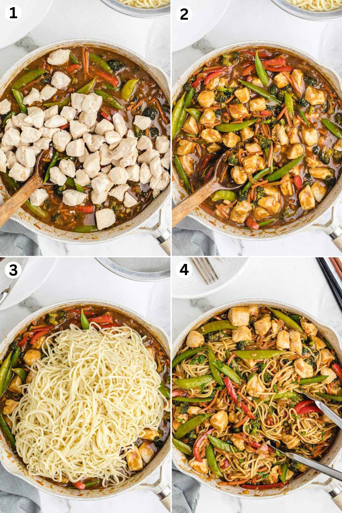 Cooked chicken added to stir-fried vegetables, sauce thickened, noodles mixed in, and everything tossed together to create chicken lo mein.